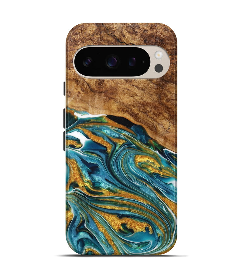 Pixel 9 Wood+Resin Live Edge Phone Case - Irvin (Teal & Gold, 717050)