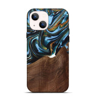 iPhone 14 Wood+Resin Live Edge Phone Case - Misty (Teal & Gold, 717051)