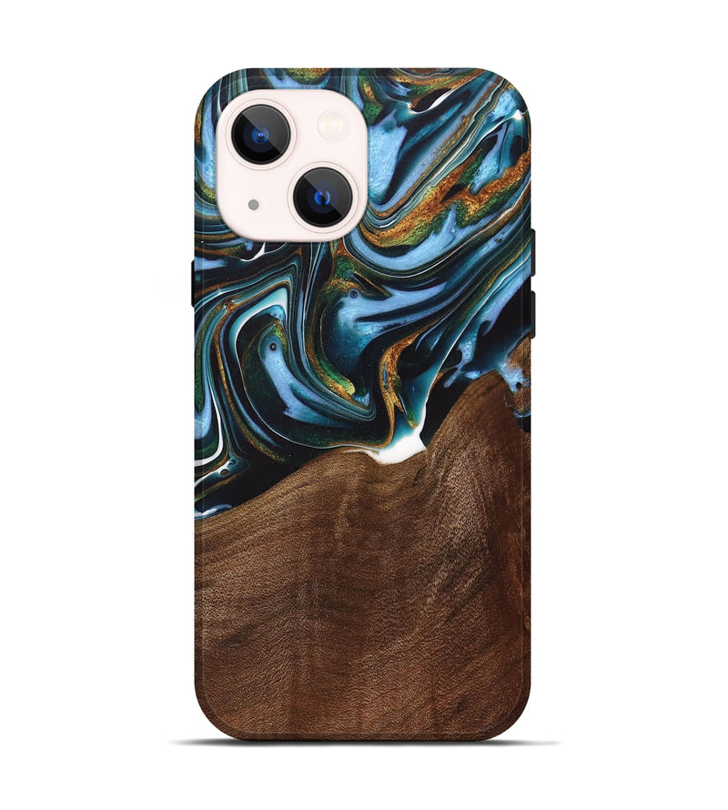 iPhone 14 Wood+Resin Live Edge Phone Case - Misty (Teal & Gold, 717051)