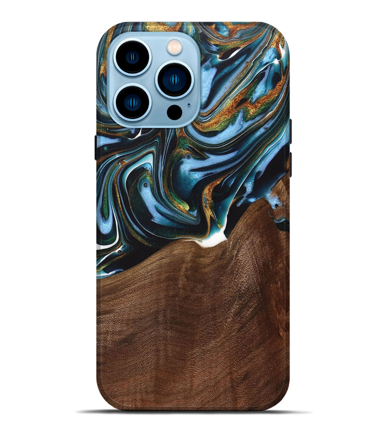 iPhone 14 Pro Max Wood+Resin Live Edge Phone Case - Misty (Teal & Gold, 717051)