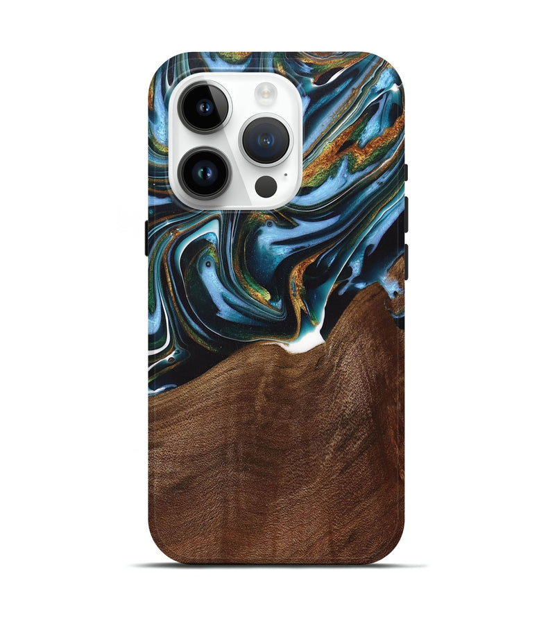 iPhone 15 Pro Wood+Resin Live Edge Phone Case - Misty (Teal & Gold, 717051)