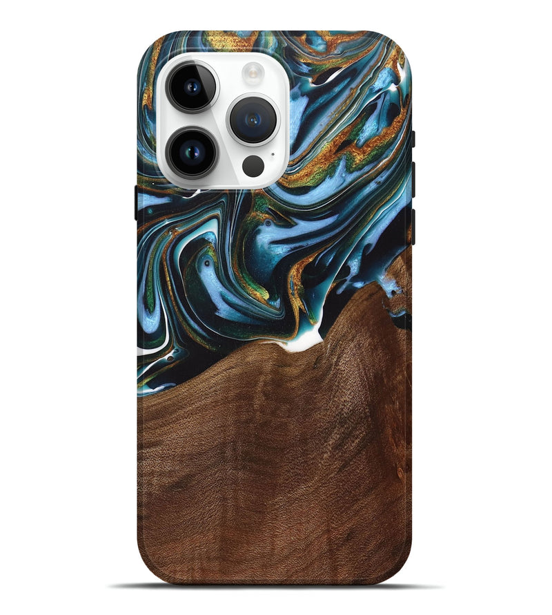 iPhone 15 Pro Max Wood+Resin Live Edge Phone Case - Misty (Teal & Gold, 717051)