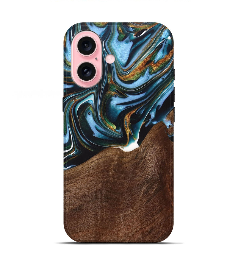 iPhone 16 Wood+Resin Live Edge Phone Case - Misty (Teal & Gold, 717051)