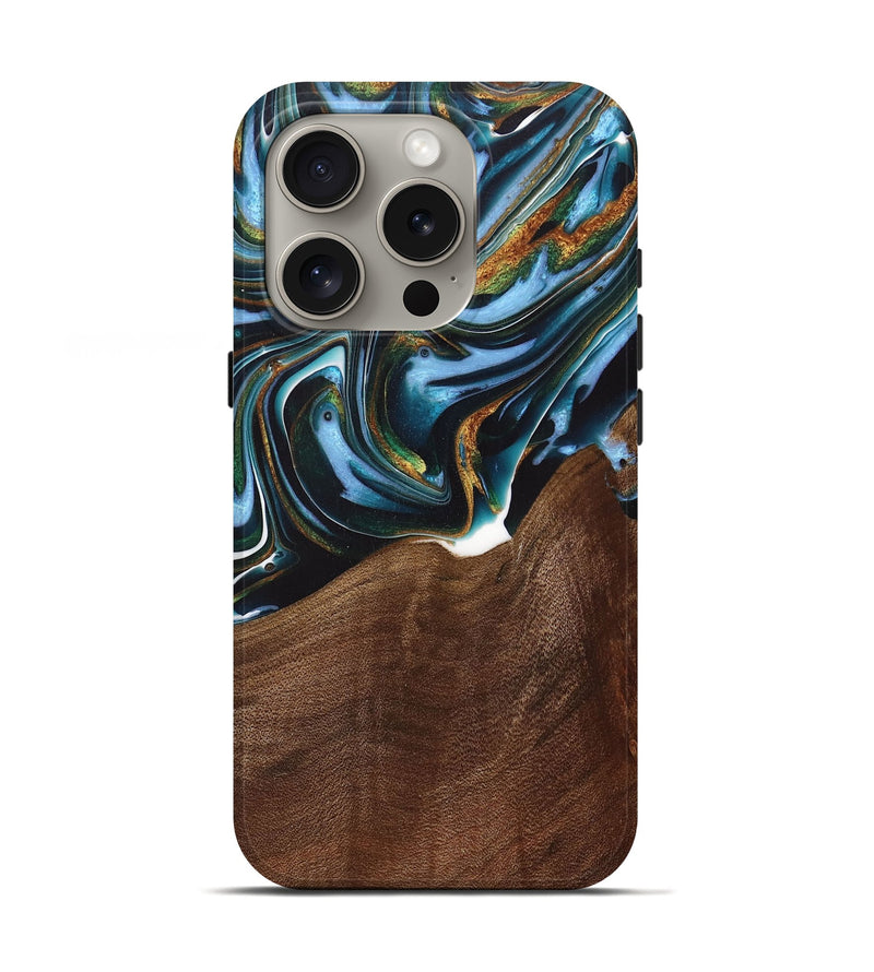 iPhone 16 Pro Wood+Resin Live Edge Phone Case - Misty (Teal & Gold, 717051)