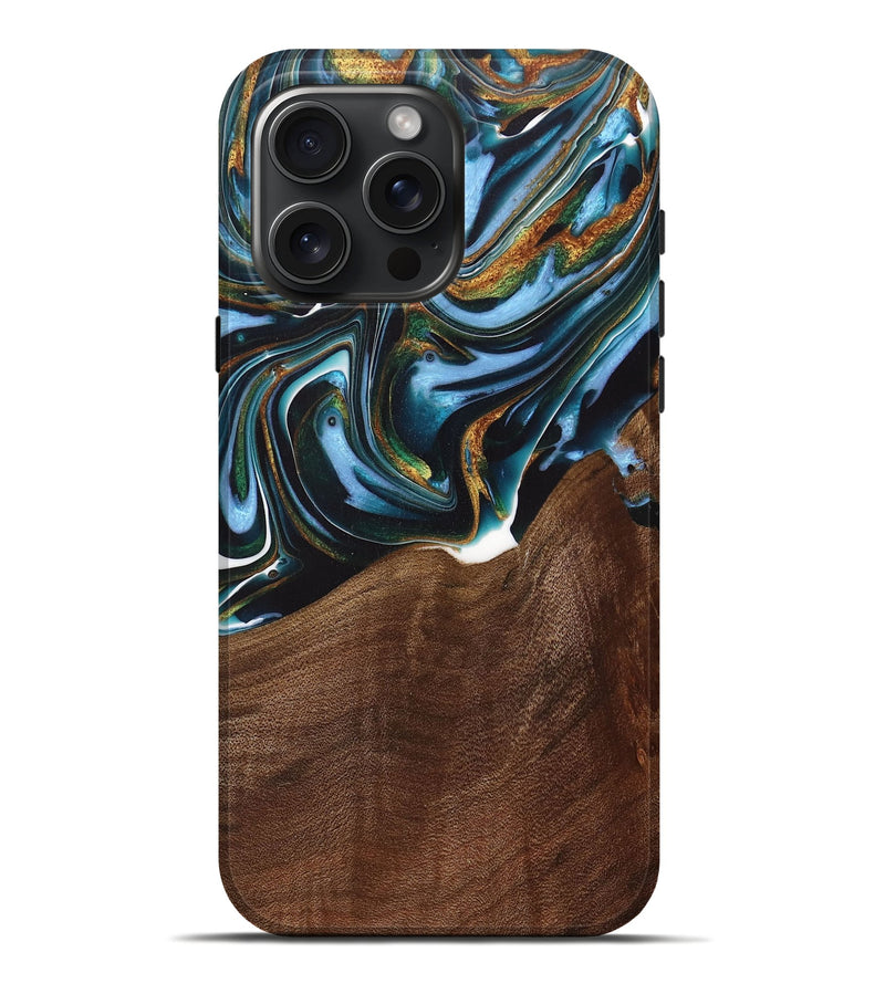 iPhone 16 Pro Max Wood+Resin Live Edge Phone Case - Misty (Teal & Gold, 717051)