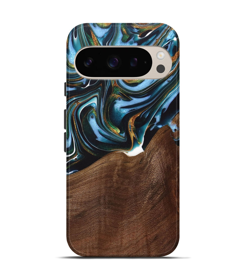 Pixel 9 Wood+Resin Live Edge Phone Case - Misty (Teal & Gold, 717051)