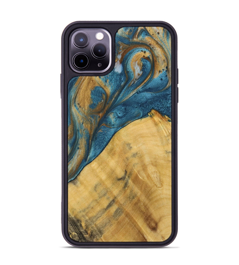 iPhone 11 Pro Max Wood+Resin Phone Case - Lorrie (Teal & Gold, 717189)