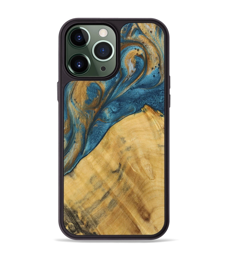 iPhone 13 Pro Max Wood+Resin Phone Case - Lorrie (Teal & Gold, 717189)