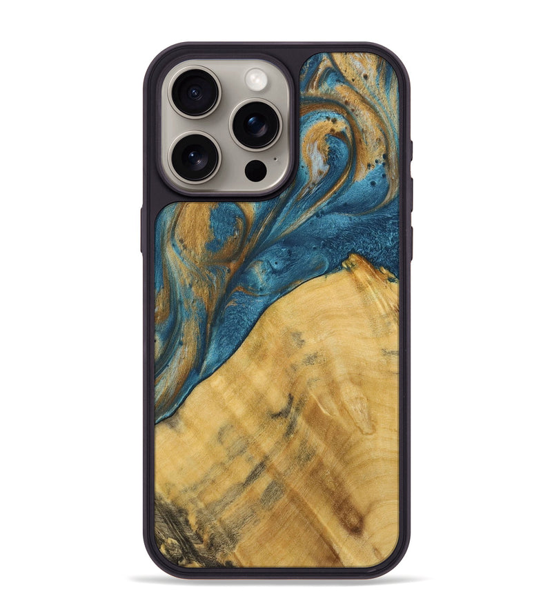 iPhone 15 Pro Max Wood+Resin Phone Case - Lorrie (Teal & Gold, 717189)