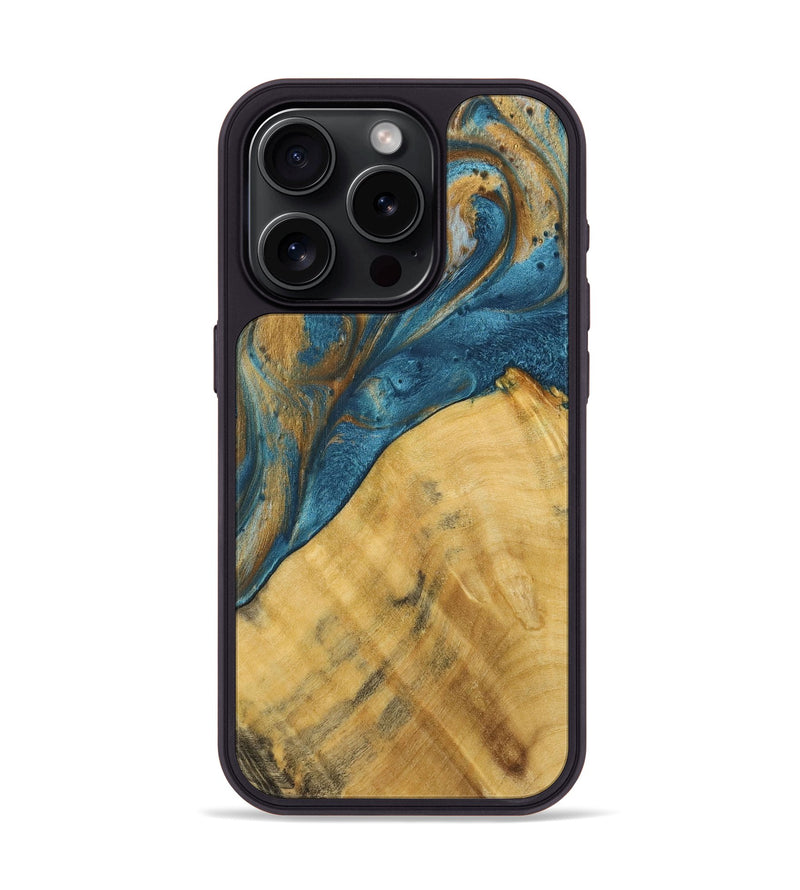 iPhone 15 Pro Wood+Resin Phone Case - Lorrie (Teal & Gold, 717189)