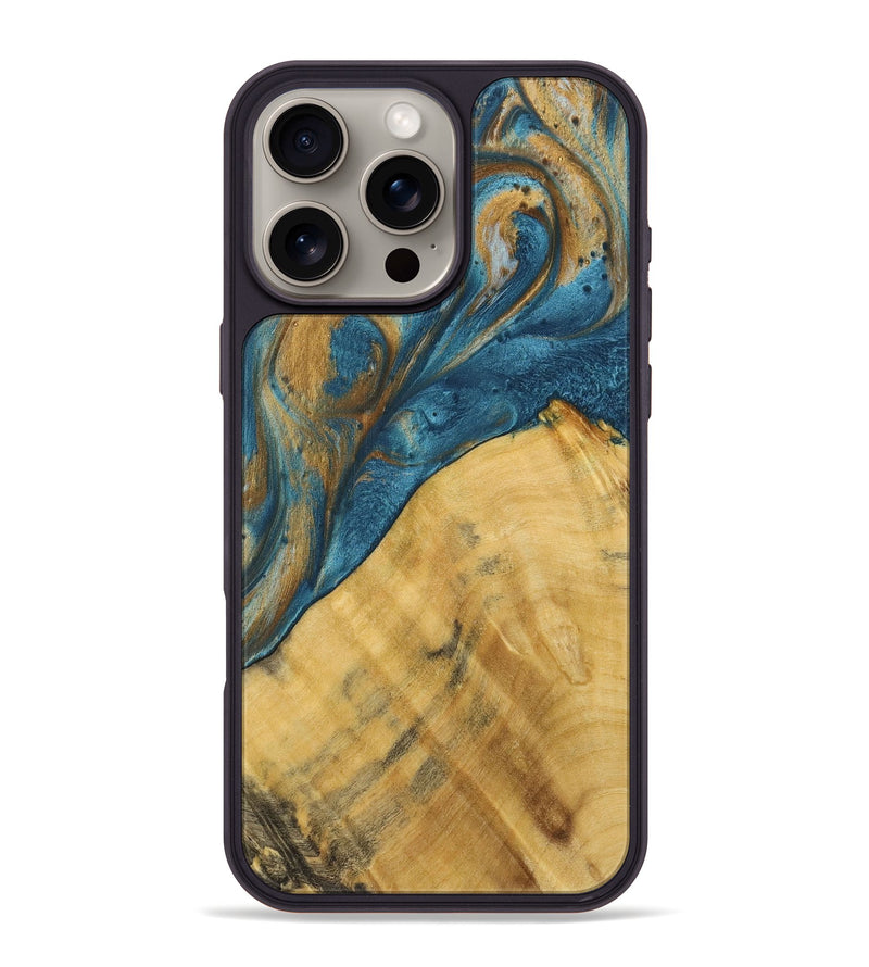 iPhone 16 Pro Max Wood+Resin Phone Case - Lorrie (Teal & Gold, 717189)