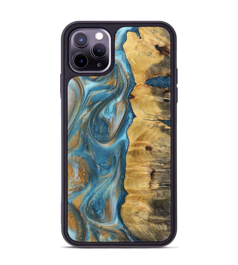 iPhone 11 Pro Max Wood+Resin Phone Case - Solomon (Teal & Gold, 717195)