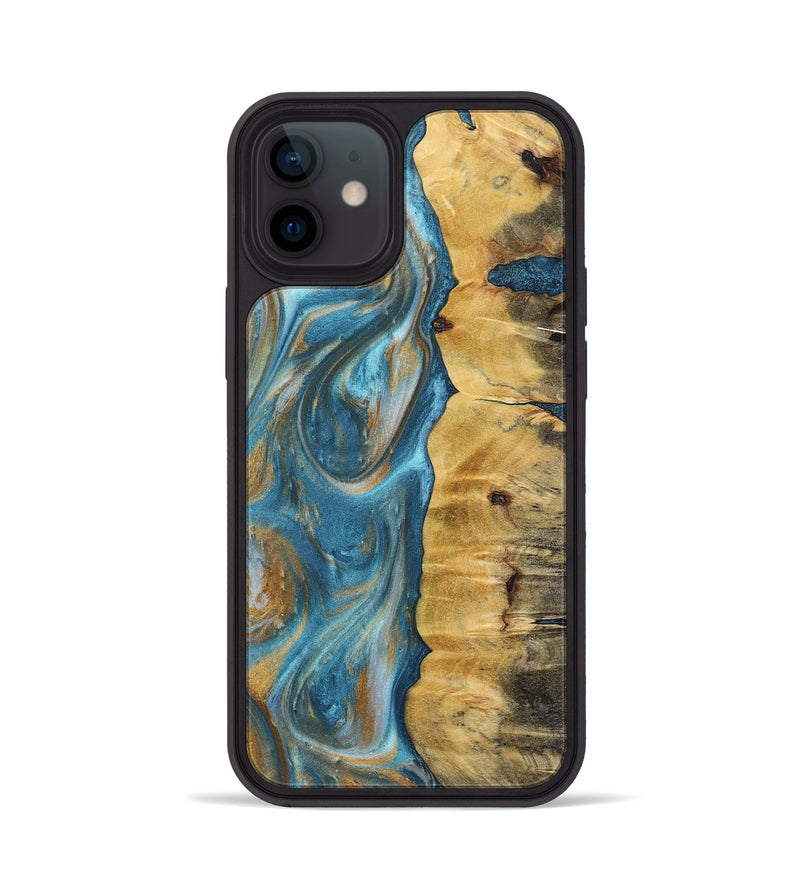 iPhone 12 Wood+Resin Phone Case - Solomon (Teal & Gold, 717195)