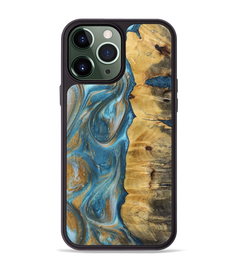 iPhone 13 Pro Max Wood+Resin Phone Case - Solomon (Teal & Gold, 717195)