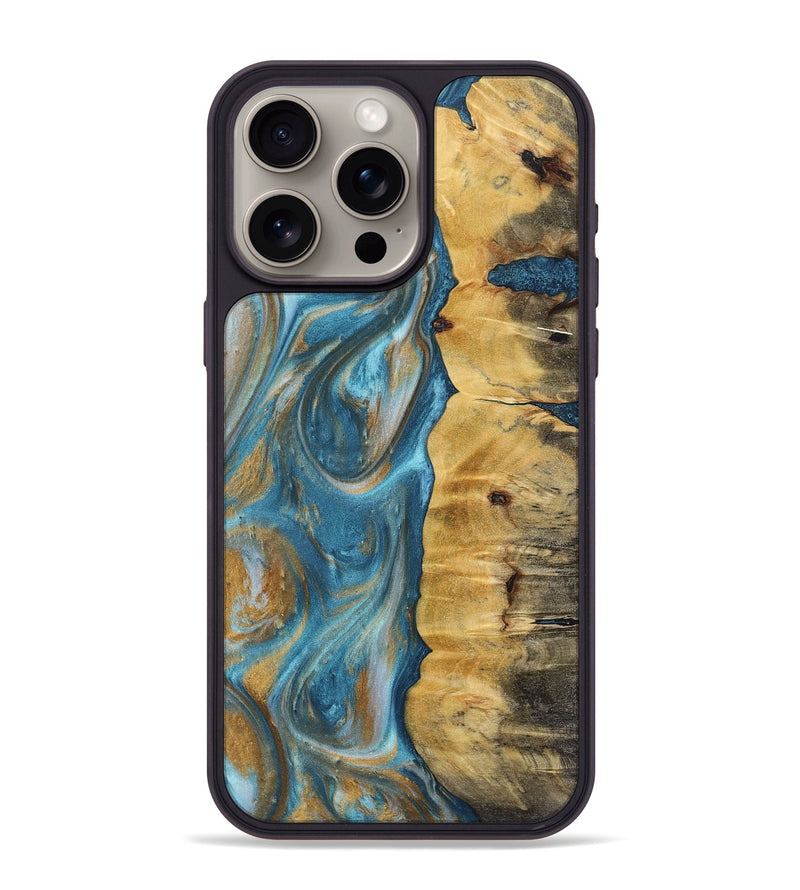 iPhone 15 Pro Max Wood+Resin Phone Case - Solomon (Teal & Gold, 717195)