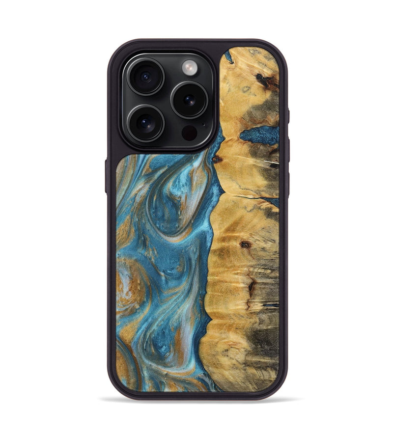 iPhone 15 Pro Wood+Resin Phone Case - Solomon (Teal & Gold, 717195)