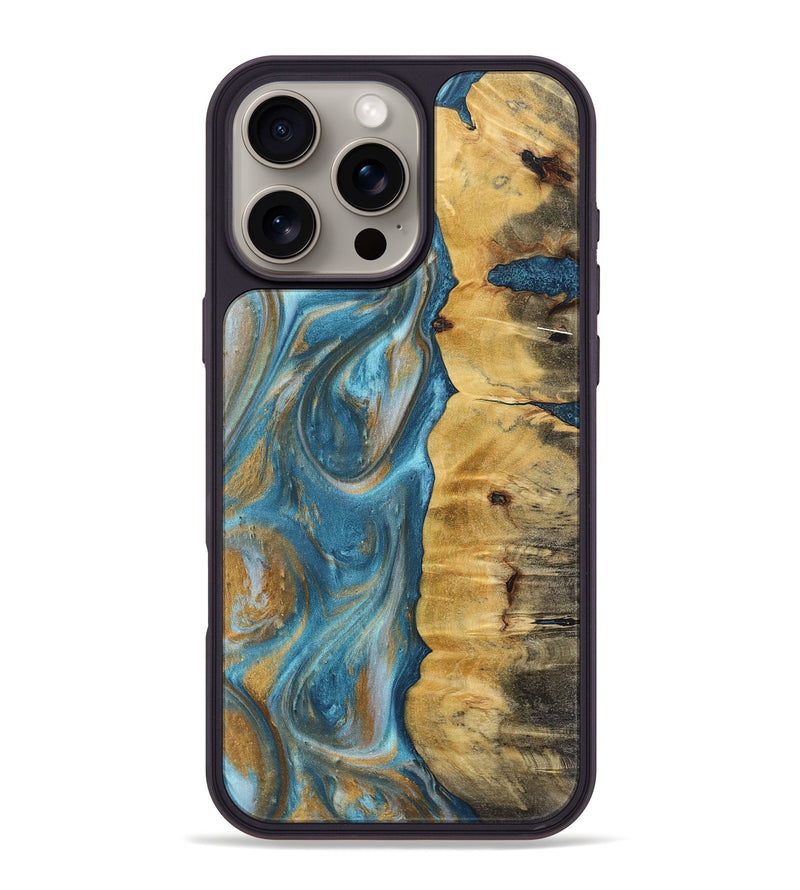 iPhone 16 Pro Max Wood+Resin Phone Case - Solomon (Teal & Gold, 717195)