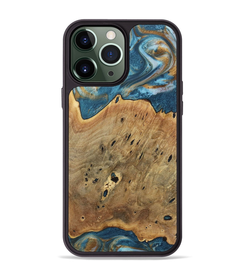 iPhone 13 Pro Max Wood+Resin Phone Case - Quentin (Teal & Gold, 717196)