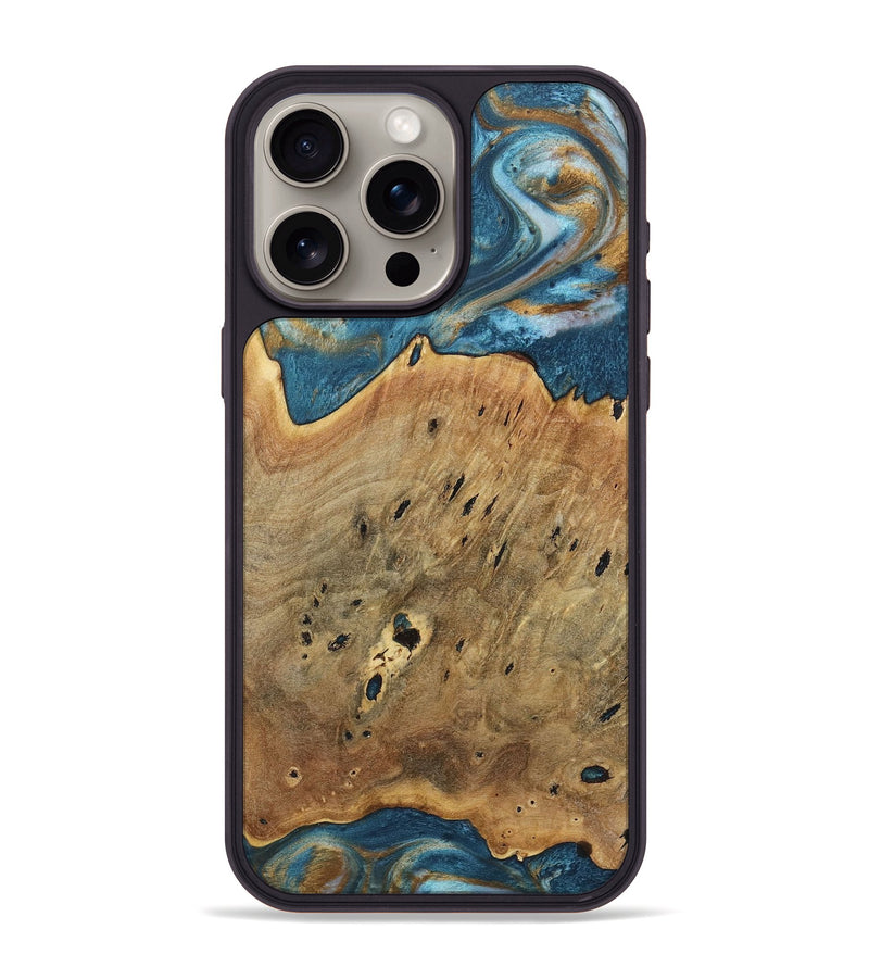 iPhone 15 Pro Max Wood+Resin Phone Case - Quentin (Teal & Gold, 717196)