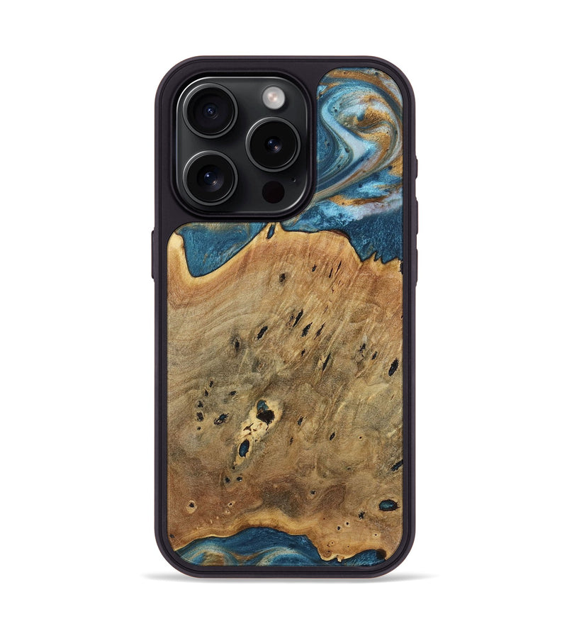 iPhone 15 Pro Wood+Resin Phone Case - Quentin (Teal & Gold, 717196)