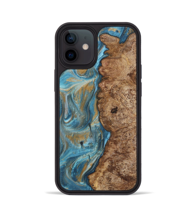 iPhone 12 Wood+Resin Phone Case - Tevin (Teal & Gold, 717197)