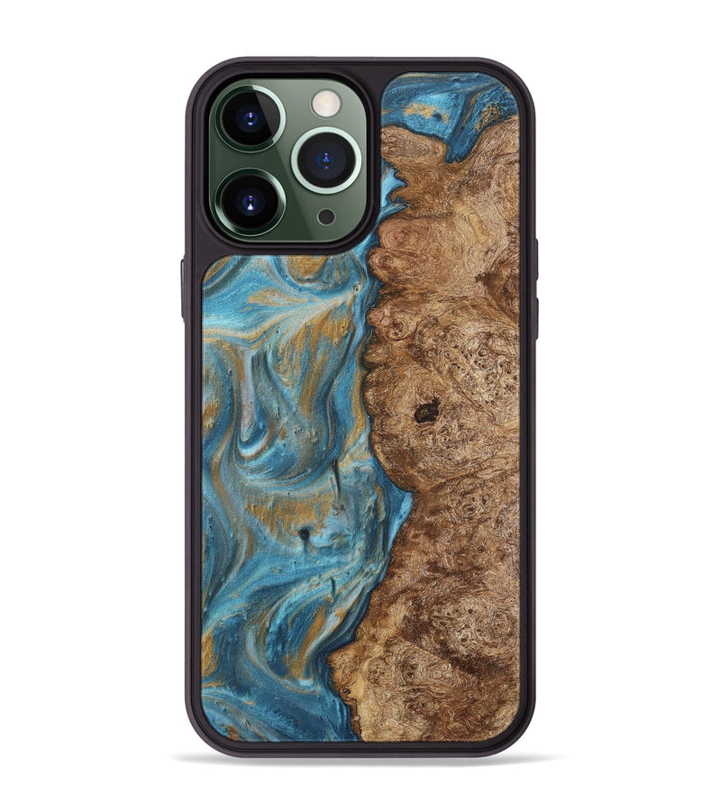 iPhone 13 Pro Max Wood+Resin Phone Case - Tevin (Teal & Gold, 717197)