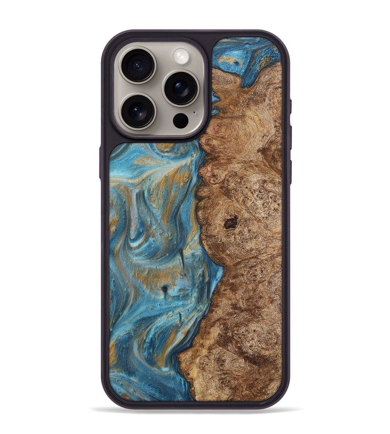 iPhone 15 Pro Max Wood+Resin Phone Case - Tevin (Teal & Gold, 717197)