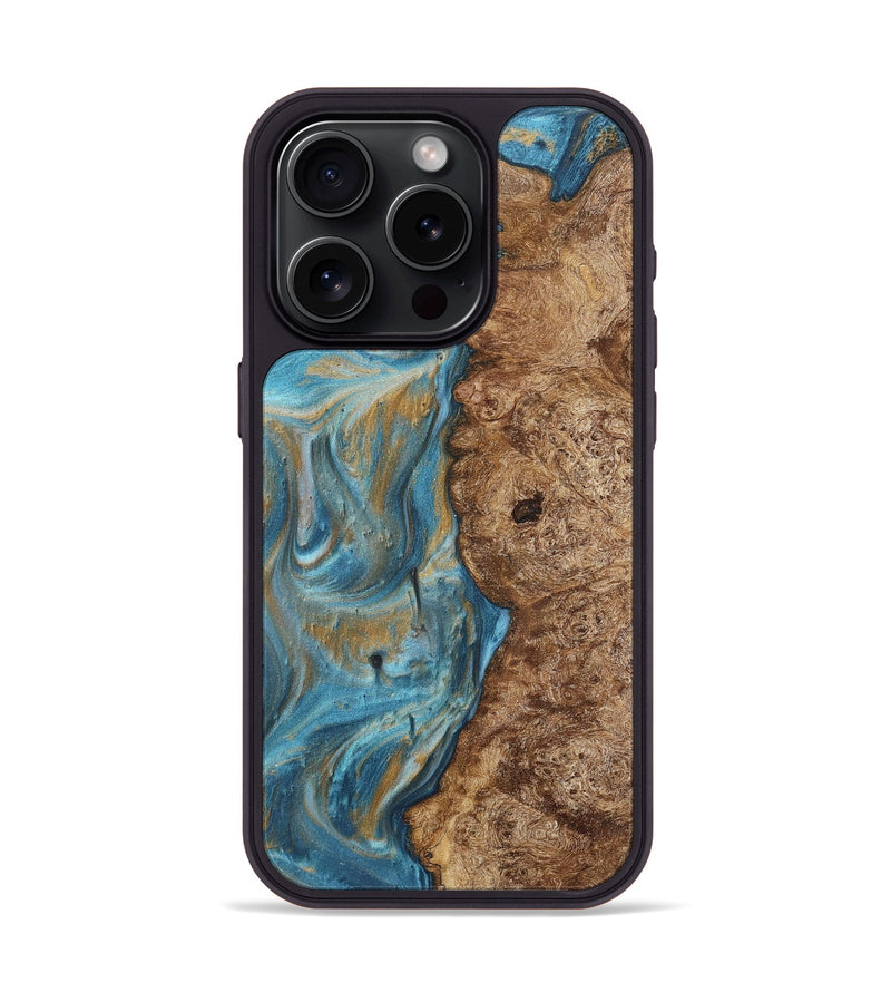 iPhone 15 Pro Wood+Resin Phone Case - Tevin (Teal & Gold, 717197)