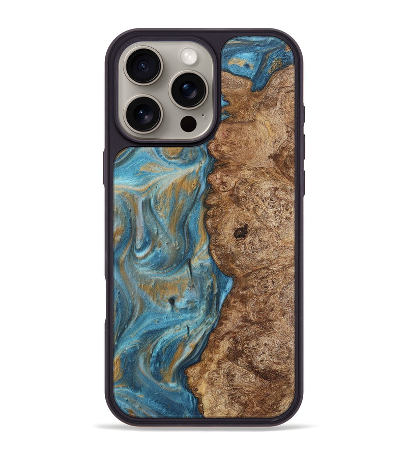 iPhone 16 Pro Max Wood+Resin Phone Case - Tevin (Teal & Gold, 717197)