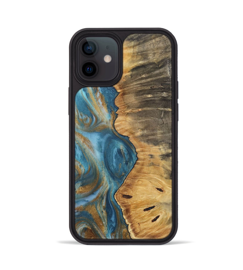 iPhone 12 Wood+Resin Phone Case - Mildred (Teal & Gold, 717201)