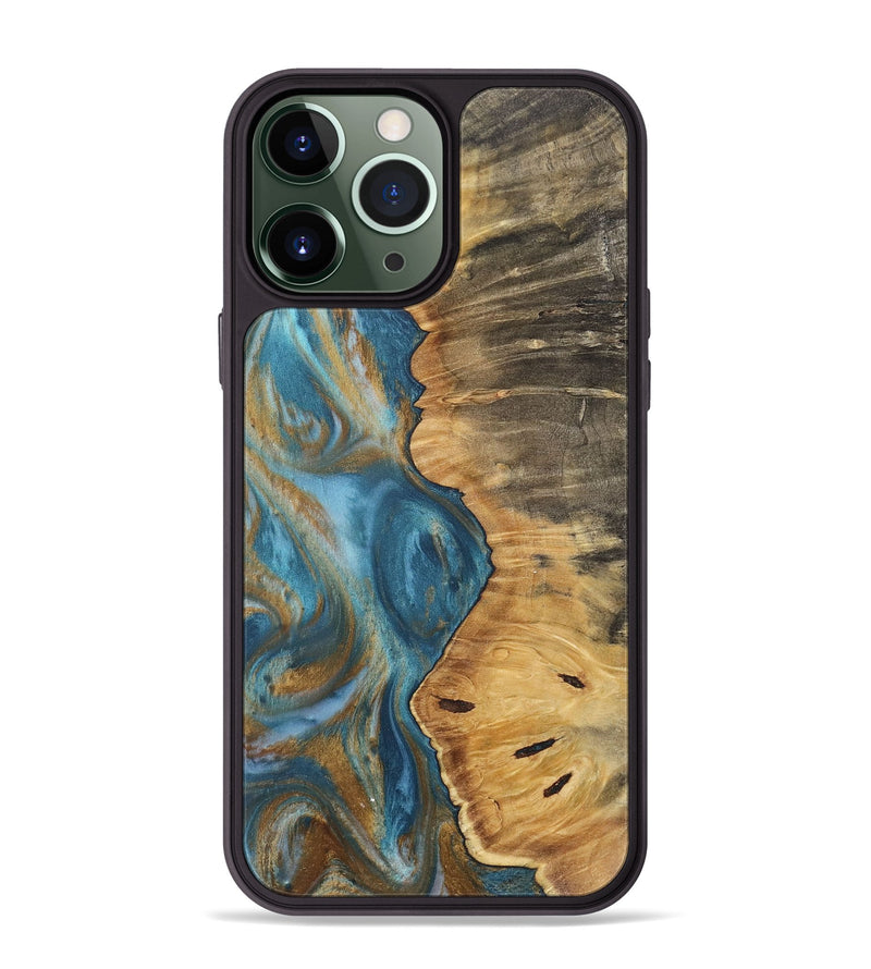 iPhone 13 Pro Max Wood+Resin Phone Case - Mildred (Teal & Gold, 717201)