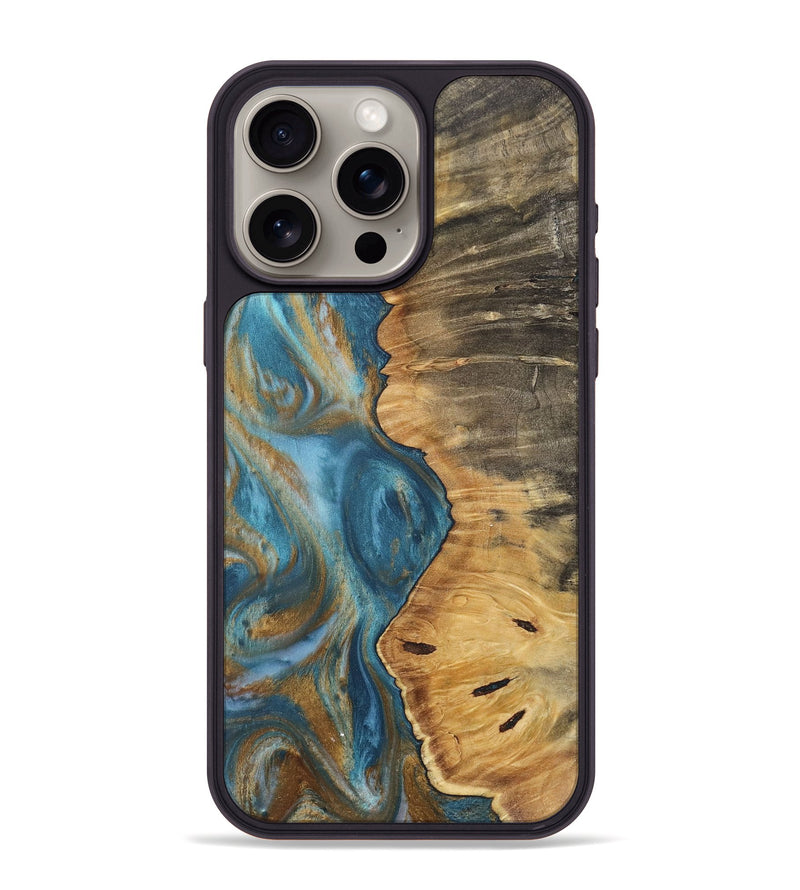 iPhone 15 Pro Max Wood+Resin Phone Case - Mildred (Teal & Gold, 717201)