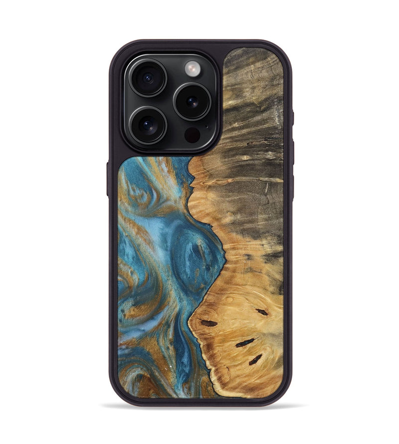 iPhone 15 Pro Wood+Resin Phone Case - Mildred (Teal & Gold, 717201)