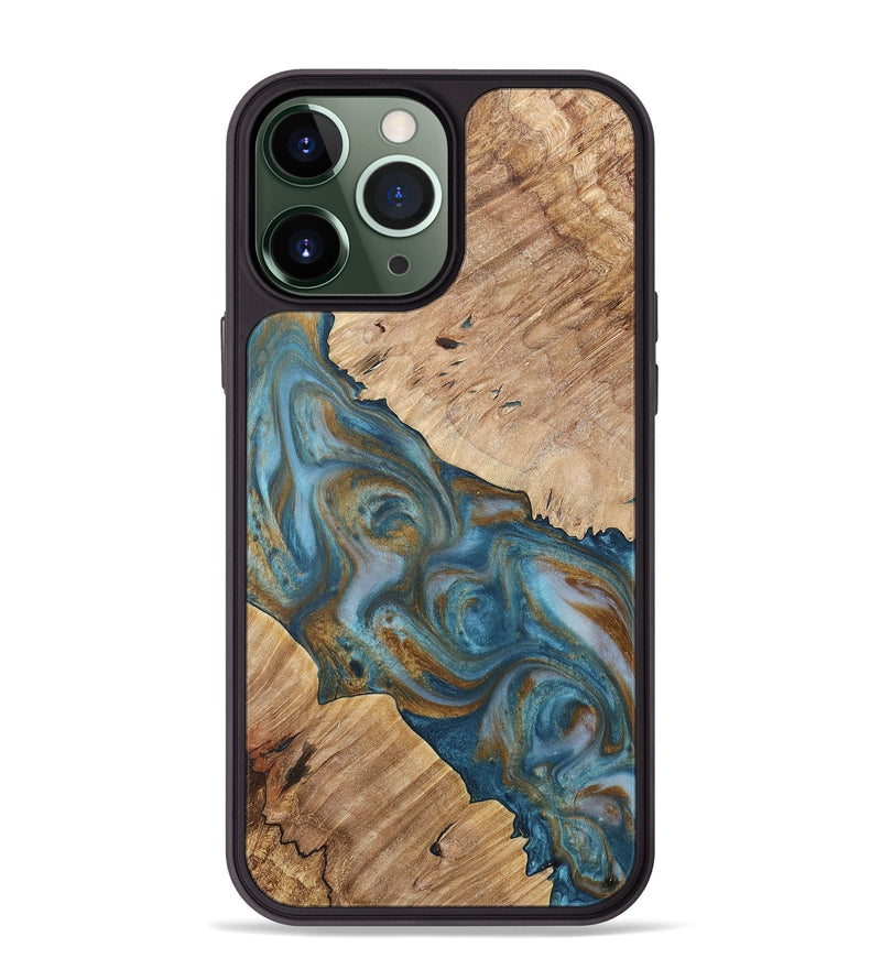 iPhone 13 Pro Max Wood+Resin Phone Case - Gwen (Teal & Gold, 717202)