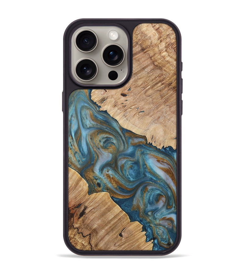 iPhone 15 Pro Max Wood+Resin Phone Case - Gwen (Teal & Gold, 717202)