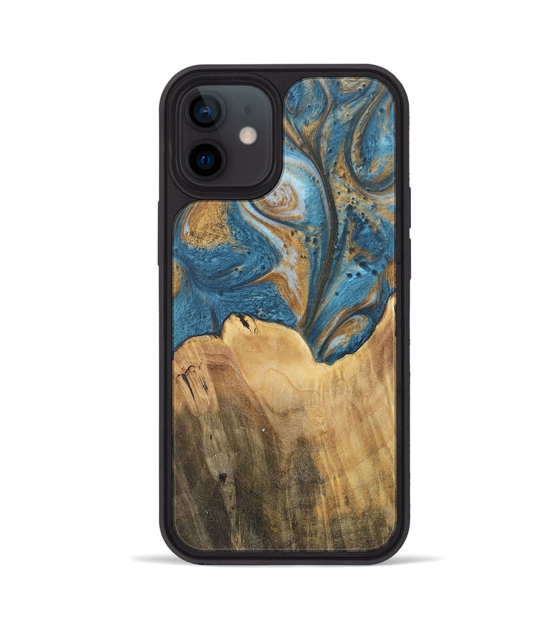 iPhone 12 Wood+Resin Phone Case - Ebony (Teal & Gold, 717206)