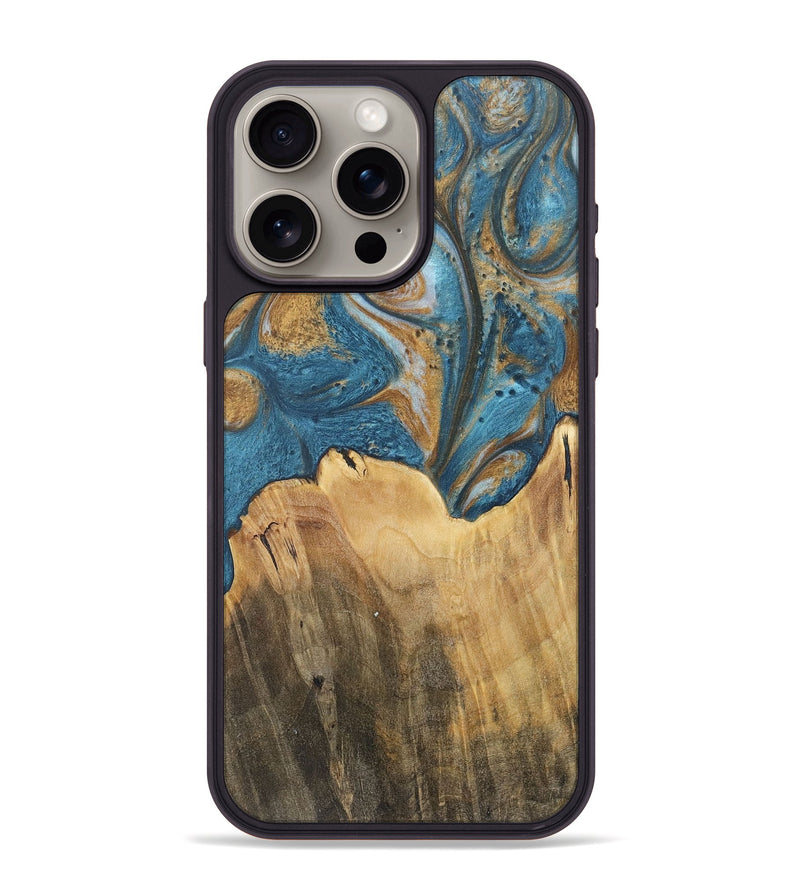 iPhone 15 Pro Max Wood+Resin Phone Case - Ebony (Teal & Gold, 717206)