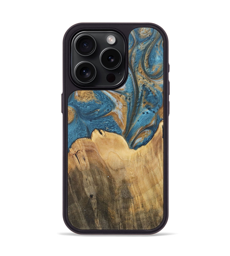 iPhone 15 Pro Wood+Resin Phone Case - Ebony (Teal & Gold, 717206)