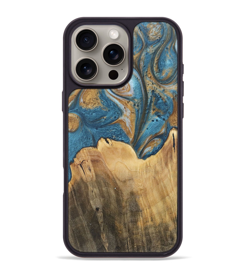 iPhone 16 Pro Max Wood+Resin Phone Case - Ebony (Teal & Gold, 717206)