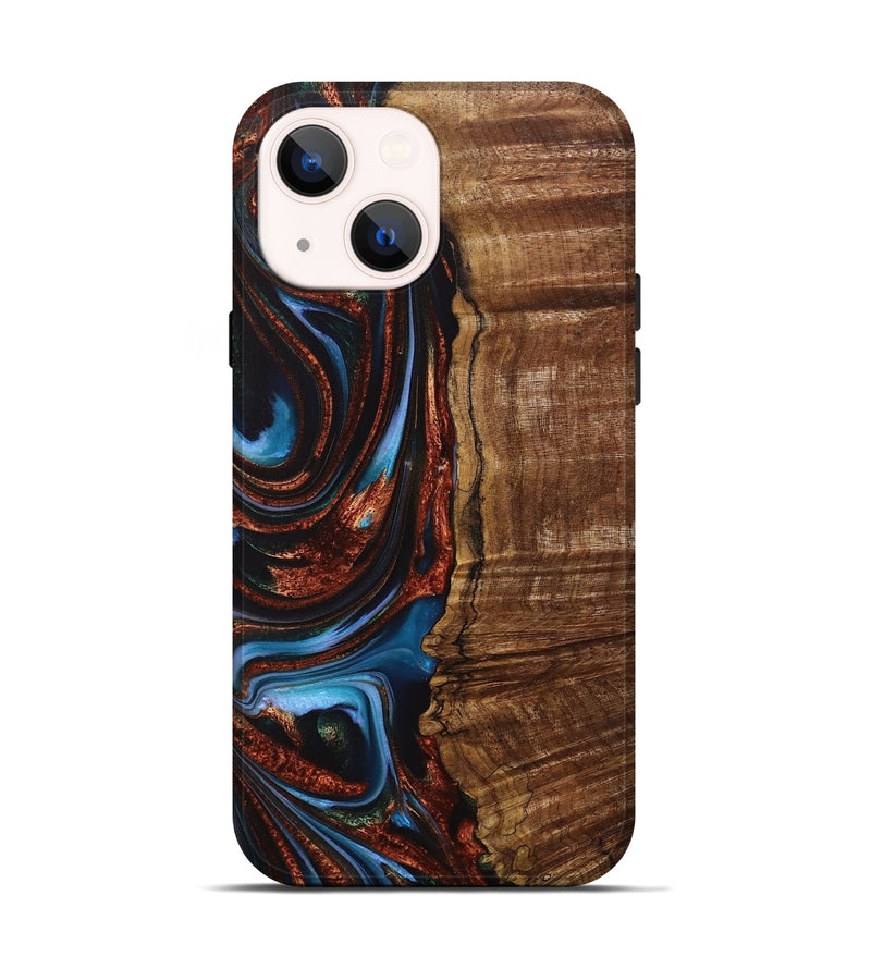 iPhone 14 Wood+Resin Live Edge Phone Case - Teagan (Teal & Gold, 717213)