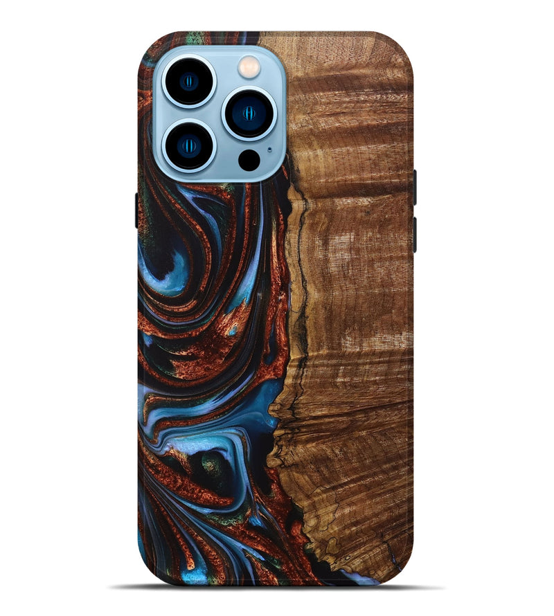 iPhone 14 Pro Max Wood+Resin Live Edge Phone Case - Teagan (Teal & Gold, 717213)