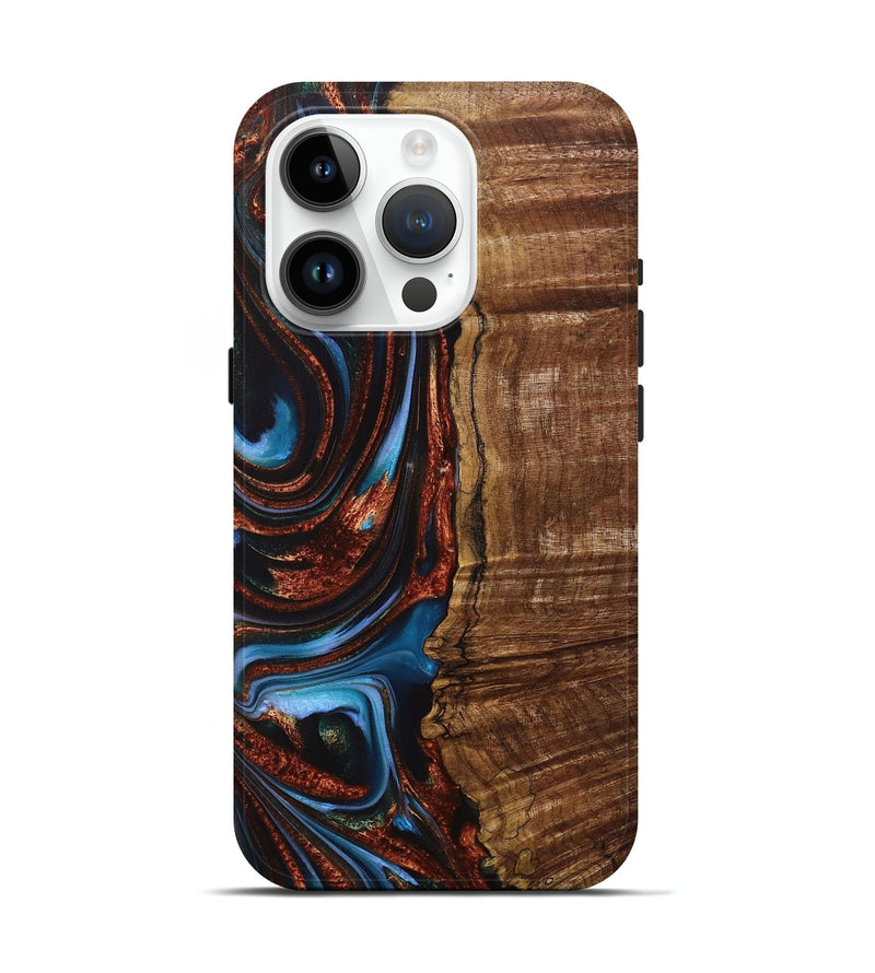 iPhone 15 Pro Wood+Resin Live Edge Phone Case - Teagan (Teal & Gold, 717213)