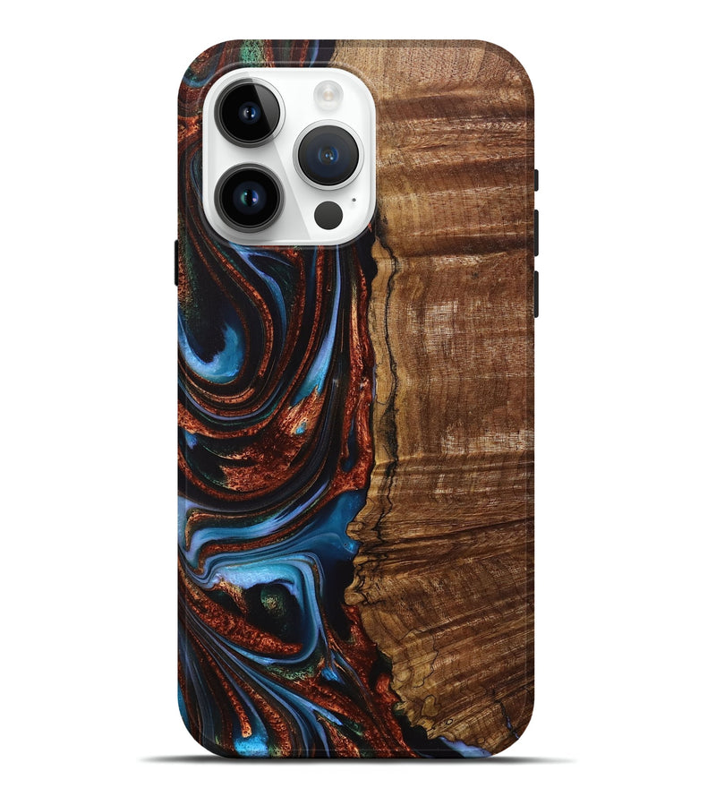 iPhone 15 Pro Max Wood+Resin Live Edge Phone Case - Teagan (Teal & Gold, 717213)