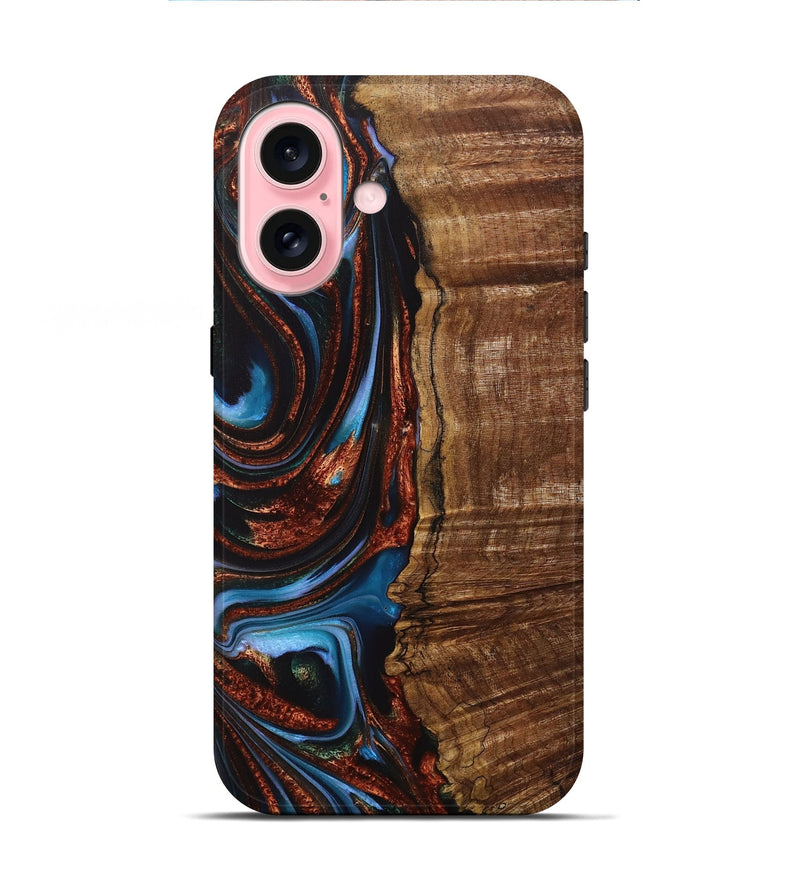 iPhone 16 Wood+Resin Live Edge Phone Case - Teagan (Teal & Gold, 717213)