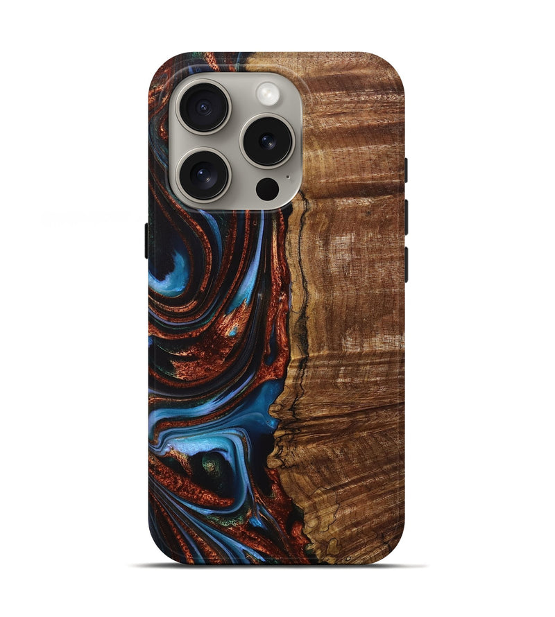 iPhone 16 Pro Wood+Resin Live Edge Phone Case - Teagan (Teal & Gold, 717213)