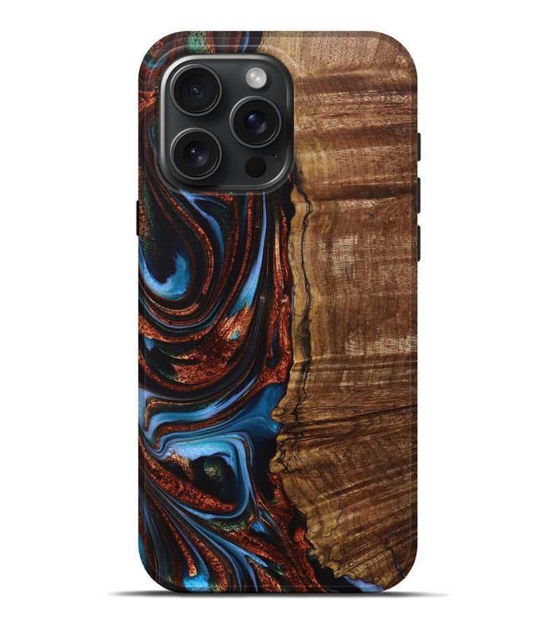 iPhone 16 Pro Max Wood+Resin Live Edge Phone Case - Teagan (Teal & Gold, 717213)