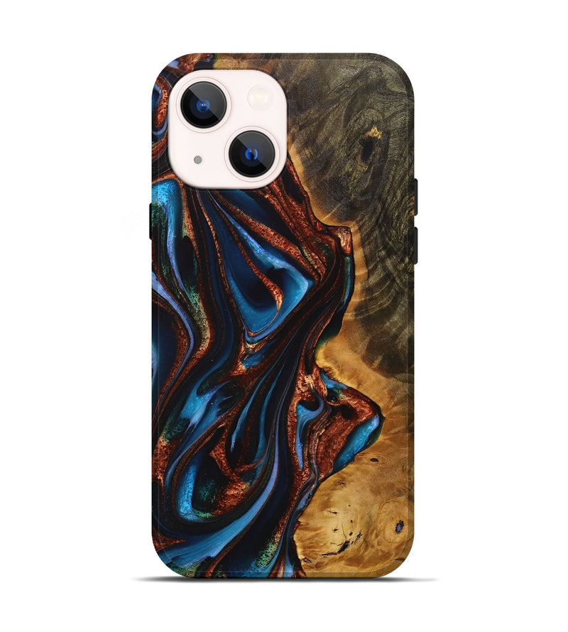 iPhone 14 Wood+Resin Live Edge Phone Case - Dorothy (Teal & Gold, 717214)