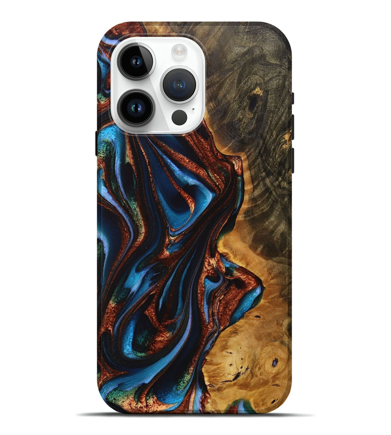 iPhone 15 Pro Max Wood+Resin Live Edge Phone Case - Dorothy (Teal & Gold, 717214)