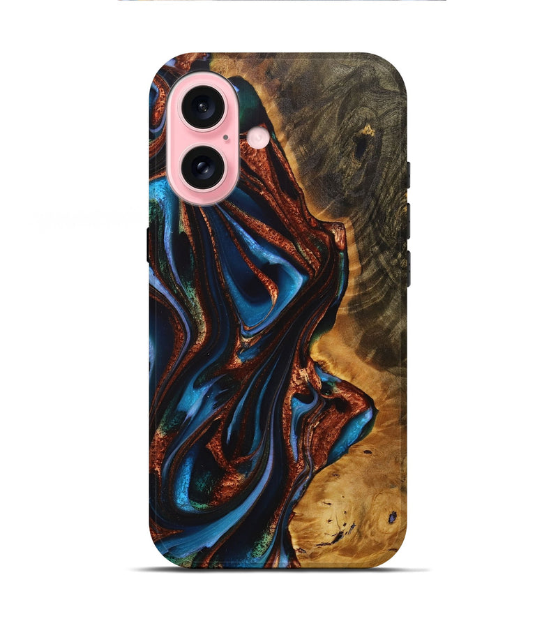 iPhone 16 Wood+Resin Live Edge Phone Case - Dorothy (Teal & Gold, 717214)