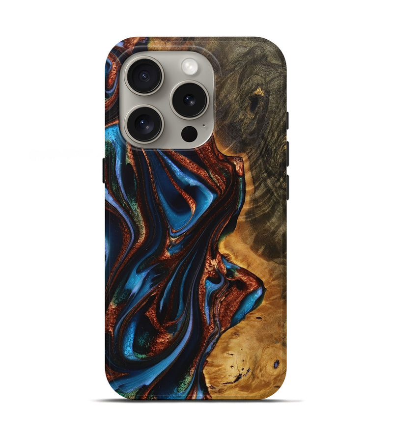 iPhone 16 Pro Wood+Resin Live Edge Phone Case - Dorothy (Teal & Gold, 717214)